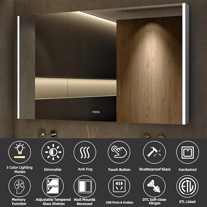 Medicine Cabinet with LED Lights and Mirror, 60 x 32 Inch Surface or Recessed Mounted Bathroom Cabinets with Door, Defogger, Memory Function, 3-Color Mode, Outlet&USB, Dimmer, Storage Shelf