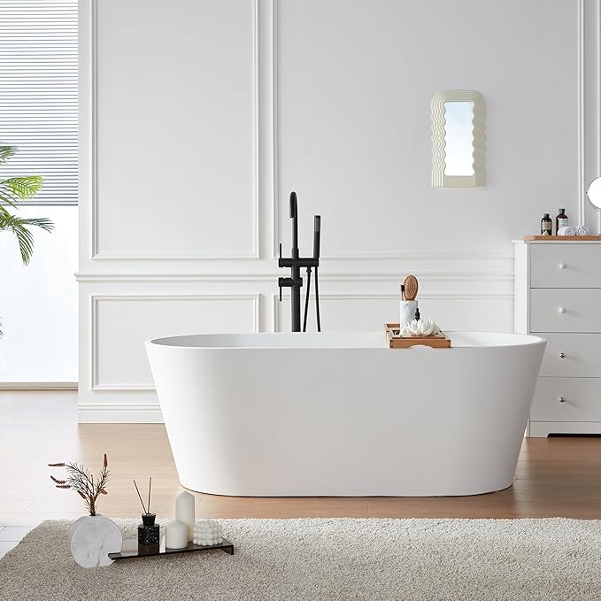 Cpingao 67" Solid Surface Freestanding Bathtub, Modern Oval Stone Resin Stand Alone Soaking Tub with Drain & Overflow, Matte White 8816-1700