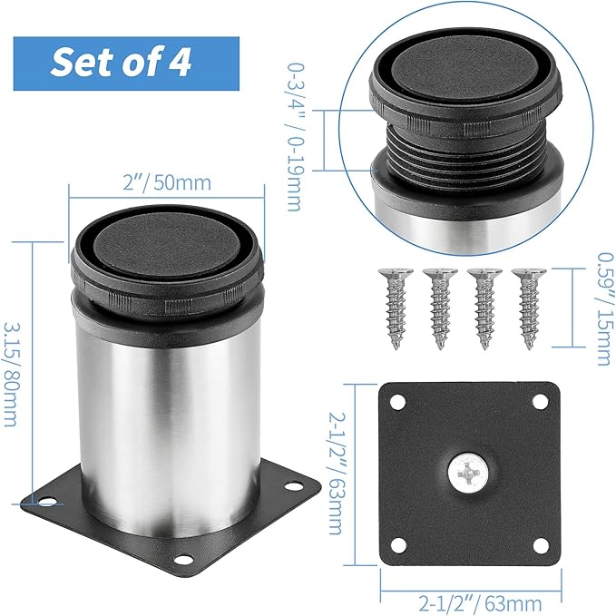 3 Inch Metal Furniture Legs Stainless Steel Adjustable Legs Silver Table Legs Round Cabinet Legs for Coffee Table Cabinet Desk Sofa Shelves, Pack of 4