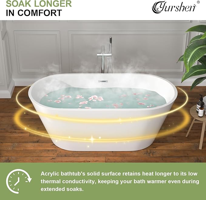 59 Inch Freestanding Acrylic Bathtub White Roll Top Soaking Tub with Gold Drain Glossy Finish for Elegant Bathroom Style, YSB9220