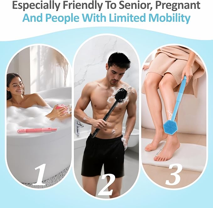 Silicone Back/Face Scrubber & Bath Glove Set 3PCS, Extendable Back Scrubber with Dual-Side Large Head, 360° Anti-Slip Bath Glove, Unique Side-Bristle Face Scrubber for All-Round Cleaning(Blue)