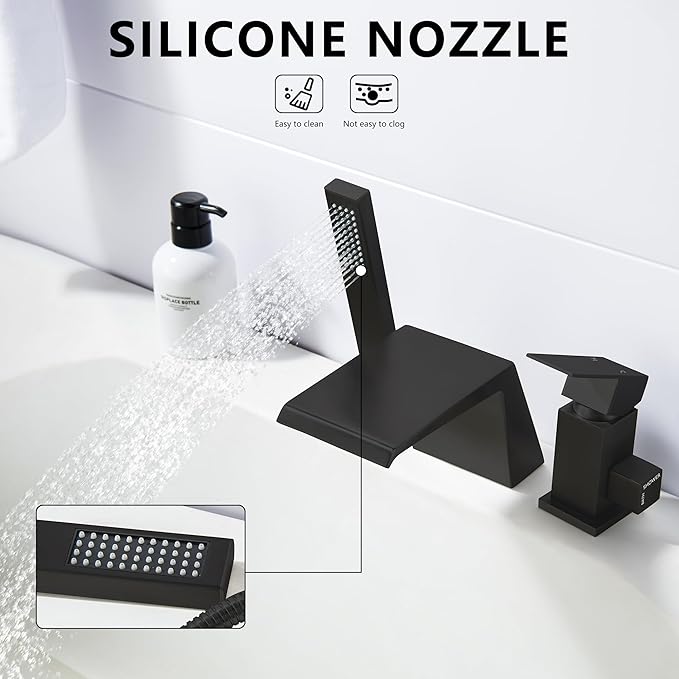 LIWEIKE Black Roman Tub Faucet with Sprayer, Deck Mount Roman Bathtub Faucet Set with Hand Shower for 3 Holes Single Handle Waterfall Tub Filler, Matte Black