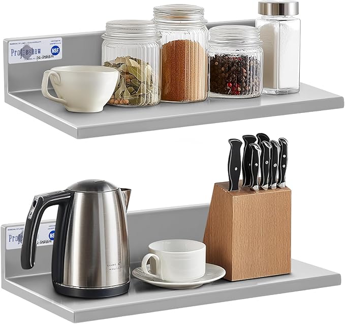 Profeeshaw Stainless Steel Shelf Wall Mounted Commercial Stainless Steel Shelves 8.6 * 16 Inch 44lb Heavy Duty Commercial Kitchen Shelf for Restaurant, Bar, Utility Room, Kitchen and Garage
