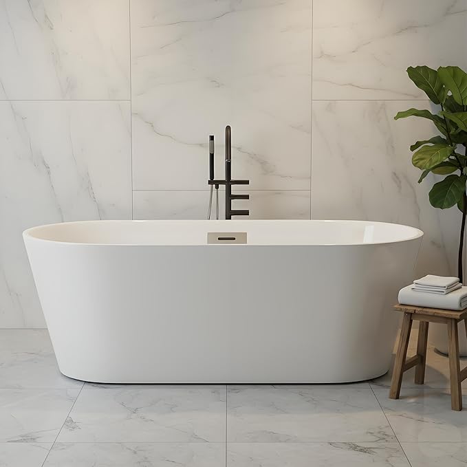 Freestanding Bathtub 67 inch Acrylic Soaking Tub – Modern Oval Freestanding Tub with Chrome Drain & Overflow for Home Spa or Bathroom Relaxation