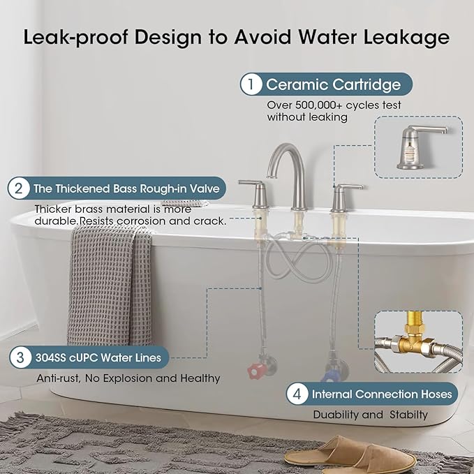 High Flow Roman Tub Faucet with Valve, Widespread Solid Brass 3 Hole Bathtub Faucet, 2 Handle Deck Mount Bath Tub Filler with Supply Water Hoses, Brushed Nickel