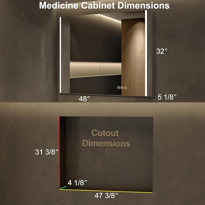 Medicine Cabinet with LED Lights and Mirror, 48 x 32 Inch Surface or Recessed Mounted Bathroom Cabinets with Door, Defogger, Memory Function, 3-Color Mode, Outlet&USB, Dimmer, Storage Shelf