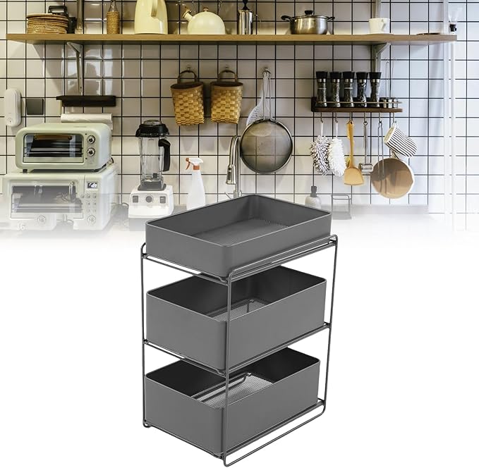 Asixxsix 3 Tier Under Sink Organizer, Pull Out Kitchen & Bathroom Storage Organizer with Sliding Mesh Drawers, Slide Out Space Saver Rack for Kitchen Bathroom Cabinet, Black