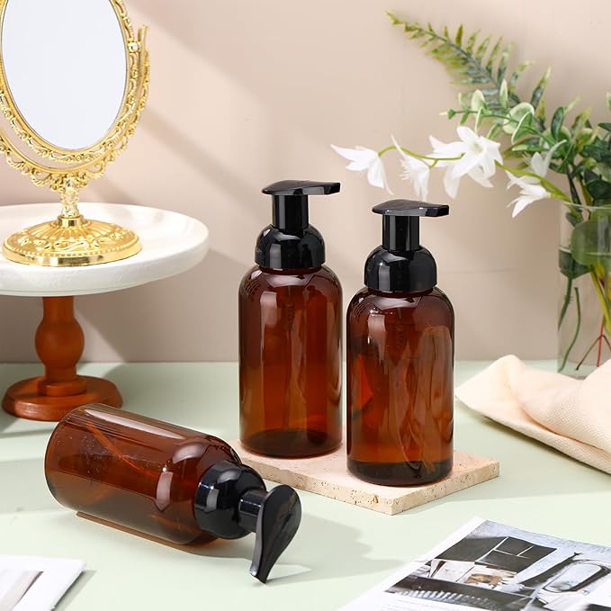 Uiifan 16 Pcs 10 oz Amber Foaming Soap Dispenser Refillable Foam Pump Bottle Liquid Plastic Container for Kitchen Bathroom Commercial Concentrated or Regular Shampoo Body Wash Dish Liquid Soap