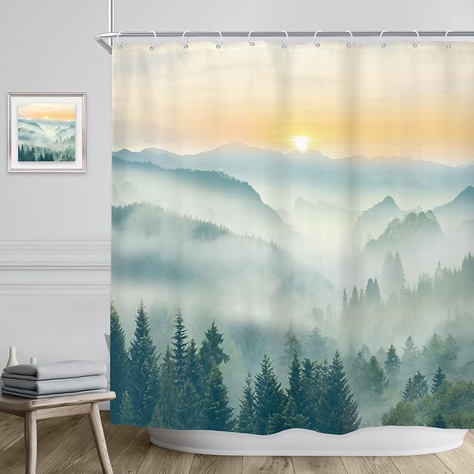 Riyidecor Extra Long Mountain Shower Curtain 72Wx78H Inch Green Yellow Sunset Sunrise Misty Scenery Landscape Nature Woodland Greenery View Bathroom Decor Fabric Polyester Waterproof 12 Pack Hooks