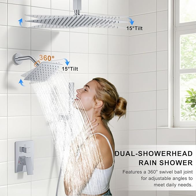 Chrome Shower Faucet Set, Ceiling Mount Shower System 12" & 6" Dual Shower Head Set with 2 in 1 Handheld Spray Rain Shower Head Sets with Rough-in Valve and Shower Trim Kit, Polished Chrome