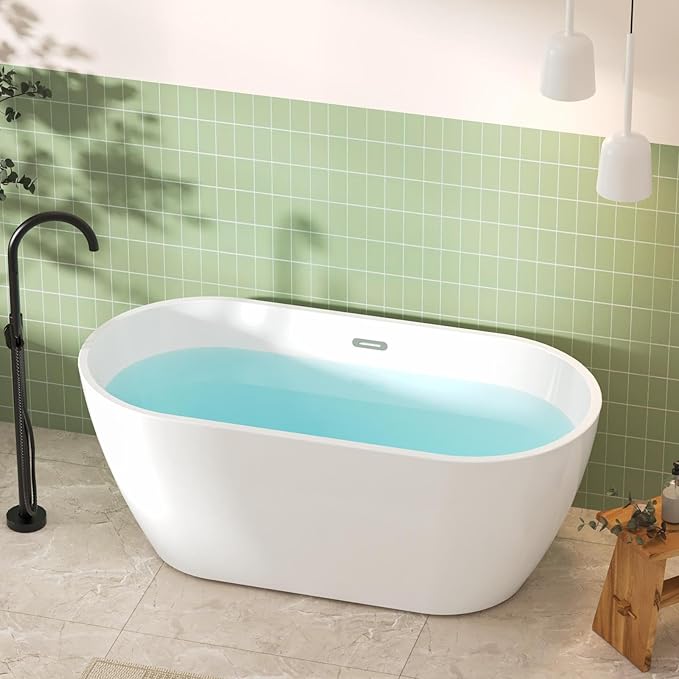 FerdY 59" Bali Elite Acrylic Freestanding Bathtub, Gracefully Shaped Freestanding Soaking Bathtub, Toe-Tap Chrome Drain and Minimalist Linear Design Overflow Included, cUPC Certified