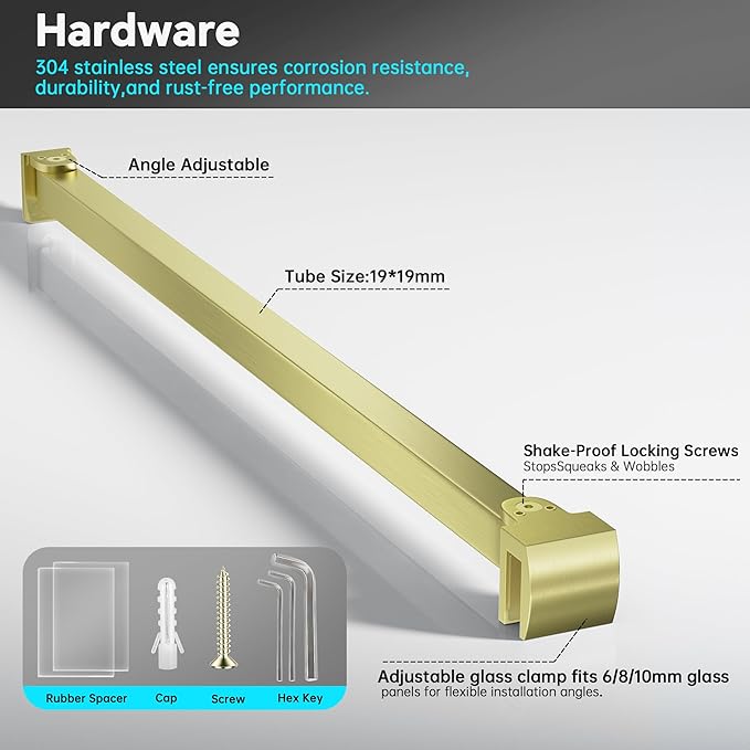 Frameless Shower Door Support Bar, Stainless Steel Wall-to-Glass Support Arm to Fixed Shower Glass Panel, for 1/4"-3/8" (6-10 mm) Door, 180° Pivot & Stow-Flat Mode (Brushed Gold, 27.6-inch(700mm))