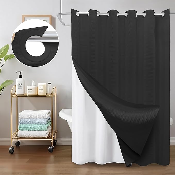 Inhousolu No Hook Waffle Weave Shower Curtain with Removable Snap in Fabric Liner Set for Bathroom, 230 GSM Heavy Duty Weighted Hem, Water Repellent Washable Bath Curtains, 72 x 84 Inch, Black