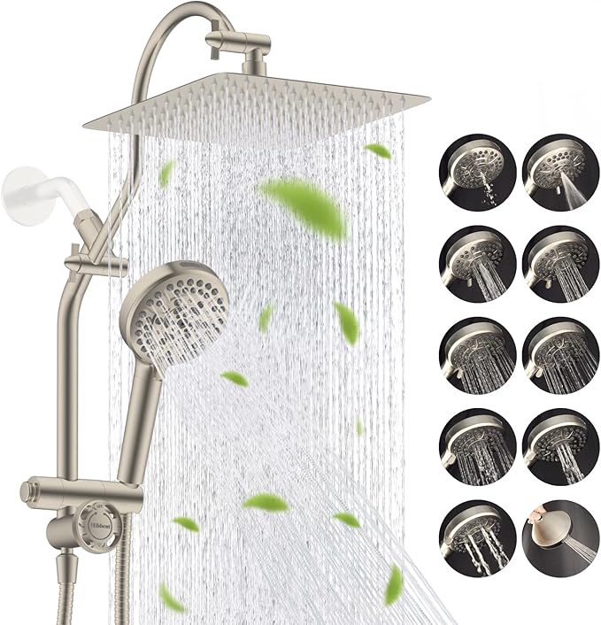 Hibbent cUPC Certified All Metal 10" Rainfall Showerhead Combo, High Pressure Shower Head with 10 Spray Handheld, Innovative 4-way Diverter with Pause Mode, 71'' Shower Hose and Holder, Brushed Nickel