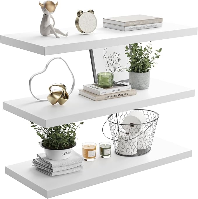 Wall Shelf Set of 1, White Floating Shelves 36 in W x 10 in D x 1 in H, Wooden Floating Wall Shelf with Invisible Brackets for Living Room/Bedroom/Bathroom/Kitchen Storage and Decor