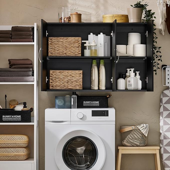 Haotian Wall Cabinet for Laundry Room, Storage Medicine Cabinet for Bathroom Kitchen Garage, Linen Tower Bath Cabinet, Floading Cabinet with Shelf, Black FRG231-L-SCH