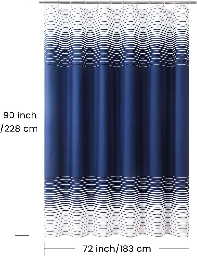 90 Inch Blue Shower Curtain, Extra Long Modern Navy Blue and White Gradient Horizontal Stripe Waterproof Polyester Shower Curtains for Bathroom, 72x90 Inches