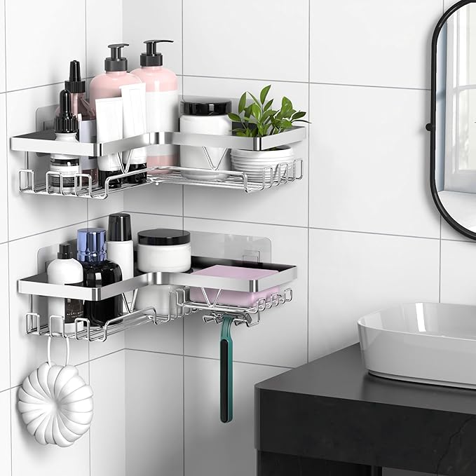 KEGII Corner Adhesive Shower Caddy, Rustproof Shower Shelf with Soap Holder & 14 Hooks, No Drilling Bathroom Rack Storage, Stainless Steel Organizer for Bathroom