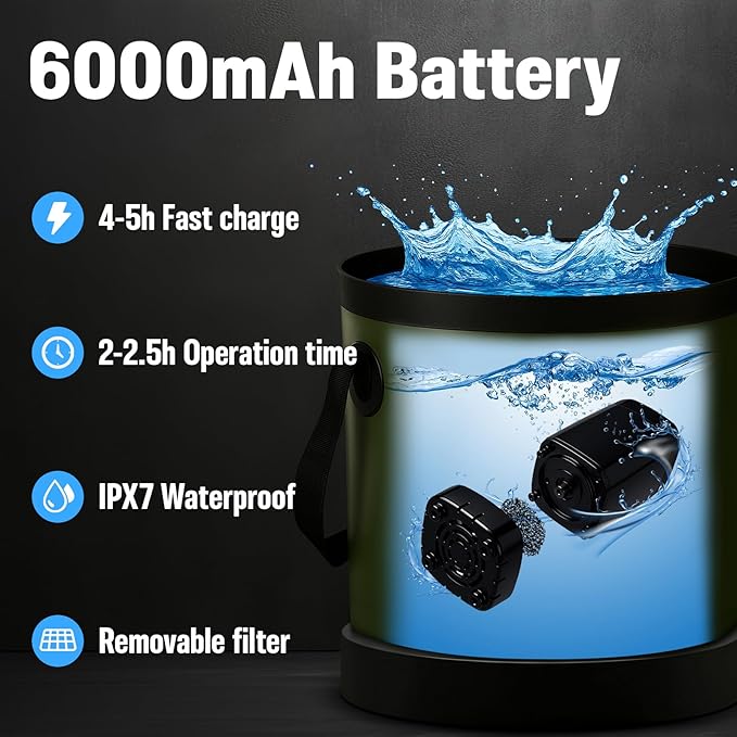 Portable Shower for Camping, 6000mAh Rechargeable Camp Shower Pump with Large Capacity Foldable Bucket, Filtered Shower Head, Outdoor Camp Shower Pump for Hiking, RV, Traveling, Car Washing, Pet Bath
