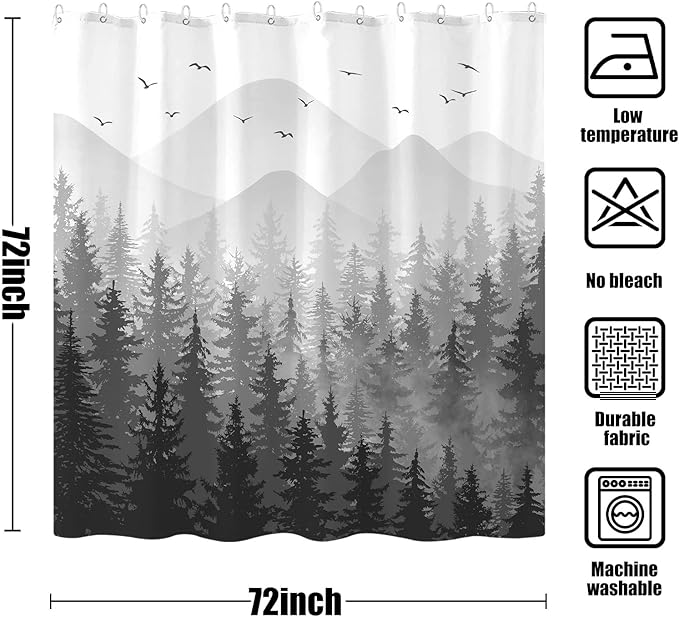 Aipon Black Misty Forest Shower Curtain Gray Ombre Nature Tree Plants Shower Curtains Fabric Waterproof Mountain Shower Curtain Sets for Bathroom Bath Decor with 12 Hooks (Black, 72'' × 72'')