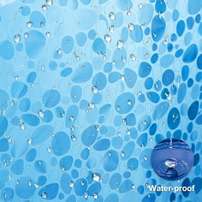 WELTRXE EVA 8G Shower Curtain Liner, 72x72 Inch 3D Blue Pebble Heavy Duty Waterproof Bathroom Shower Liner with Weighted Magnets Thick Clear Plastic Shower Curtains for Shower Stall, Bathtub, 12 Hooks