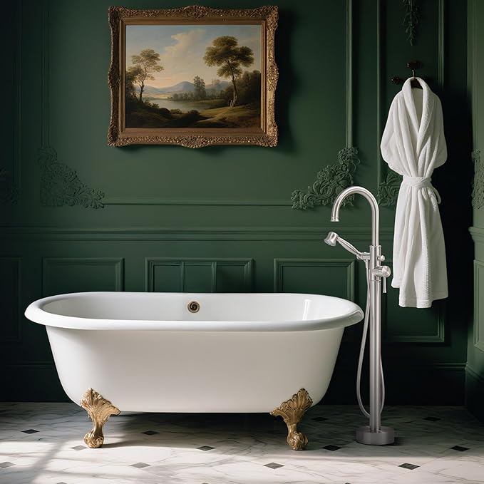 Free Standing Tub Faucet, Wintap Classic Freestanding Bathtub Faucet with Sprayer Brass Elegant Floor Mount Bath Faucets High Flow Roman Tub Filler, Brushed Nickel （WT-3311BN）