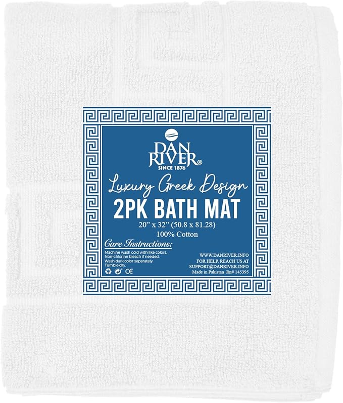 DAN RIVER Greek Cotton Bath Mats Set of 2 – Not a Bathroom Rug, Ultra Soft, Highly Absorbent & Machine Washable Bath Mat Towel for Bathroom Floor Mat – Durable, Quick-Dry, 21x34 Inches, White
