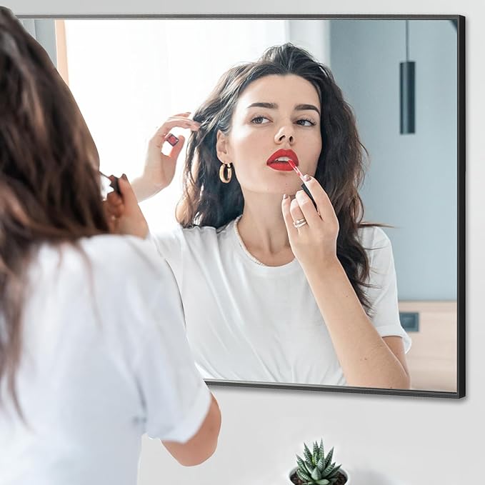 36x36 Inch Black Bathroom Mirror, Copper-Free Mirror, Aluminum Alloy Frame Vanity Mirror, Rectangle Wall Mounted Mirror, Modern Mirror for Bedroom/Living Room/Porch Horizontal or Vertical