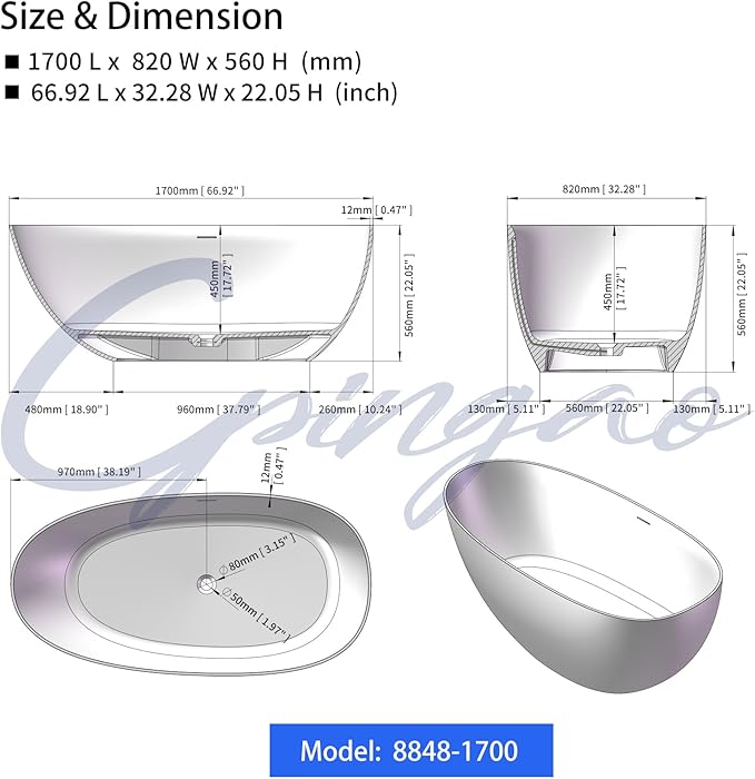 Cpingao 67" Stone Resin Freestanding Bathtub, Egg Shell Solid Surface Soaking Stand Alone Tubs with Pop-up Drain and Overflow, Matte White 8848-1700