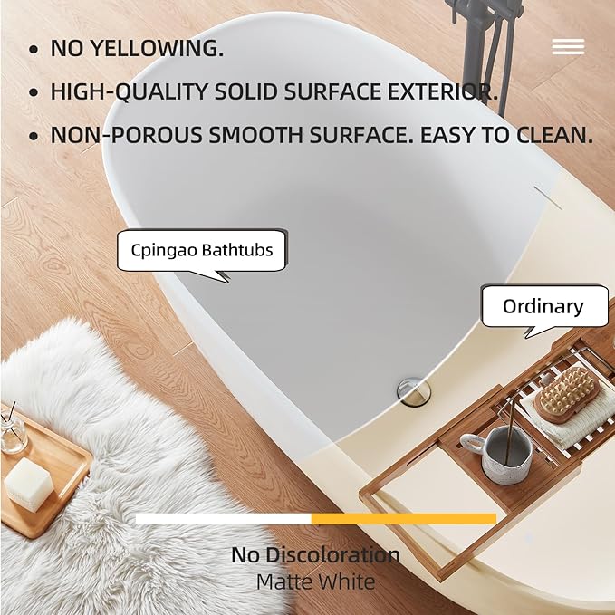 Cpingao 71" Stone Resin Freestanding Bathtub, Solid Surface Soaking Tubs, Stand Alone Tub with Pop-up Drain and Overflow, Matte White 8823A-1800