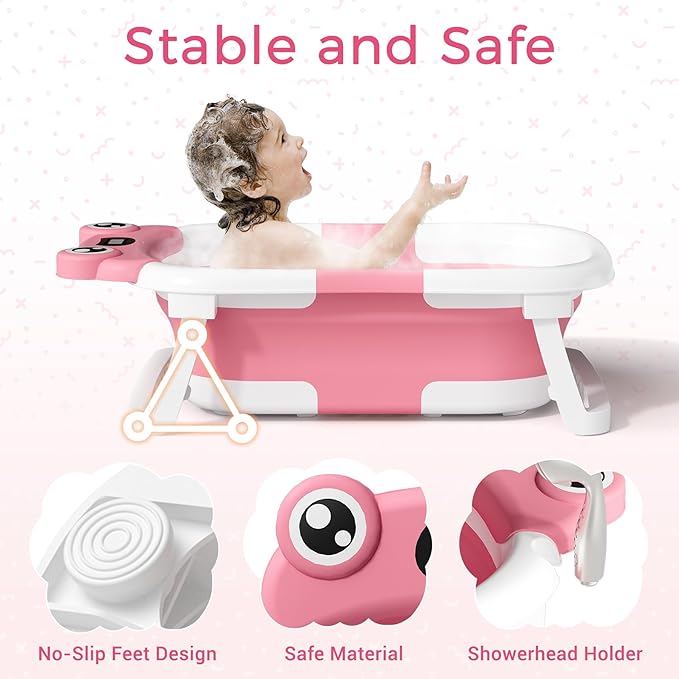 Baby Bathtub, Collapsible Newborn Bathtub for Infant to Toddler 0-24 Months with Soft Bath Net,Portable Travel Newborn Tub with No-Slip Feet, Baby Shower Gifts, Rose Pink