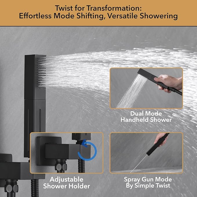 VANFOXLE Shower Faucet Set Matte Black Shower System,Push Button Diverter Shower Faucet with 2 in 1 Handheld,Ceiling Mount Increased Thickness 12 Inch Shower Head with 6 Inch Wall Mount Shower Head