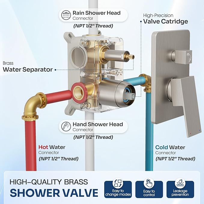 Ceiling Mount Shower Faucet Set, Shower System with 10-Inch Rain Showerhead and Handheld Spray Combo, High-Pressure Showerheads Set with Valve and Trim Kit, Brushed Nickel