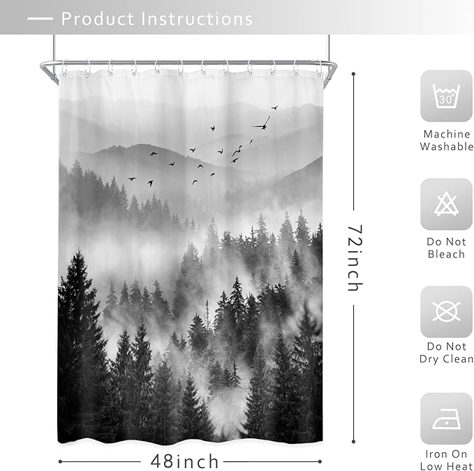 Riyidecor Black and White Shower Curtain 48Wx72H Inch,Stall Narrow Rv Small Nature Woods,Landscape Scenery Pine Tree Woodland Rustic Cool Mens Bathroom Decor Fabric Polyester Waterproof 12 Pack Hooks