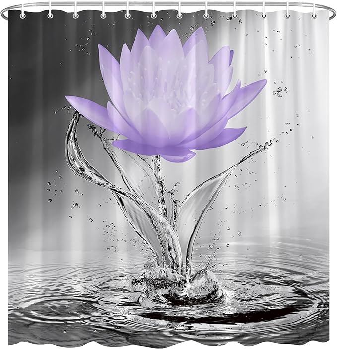 Lotus Shower Curtain Black White Grey Violet Flower Elegant Blooming Floral with Dew Spring Flower Reflection on Water Modern Romantic Polyester Fabric Bathroom Decor 70×90 Inch with Hook