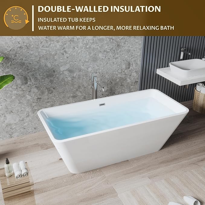 66 Inch Large Acrylic Freestanding Soaking Tub – Modern Bathtub with Ergonomic Backrest, Glossy White Finish, Includes Drain & Overflow, Luxury Stand Alone Tub for Spa-Like Bathrooms