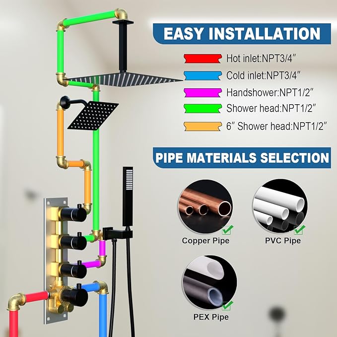 Enga Thermostatic Dual Rain Shower System (Eco-Performance), Shower Faucet Set with 16"+6" Rain Shower Heads & Handheld, All Functions Simultaneous, Adjustable Volume, Matte Black