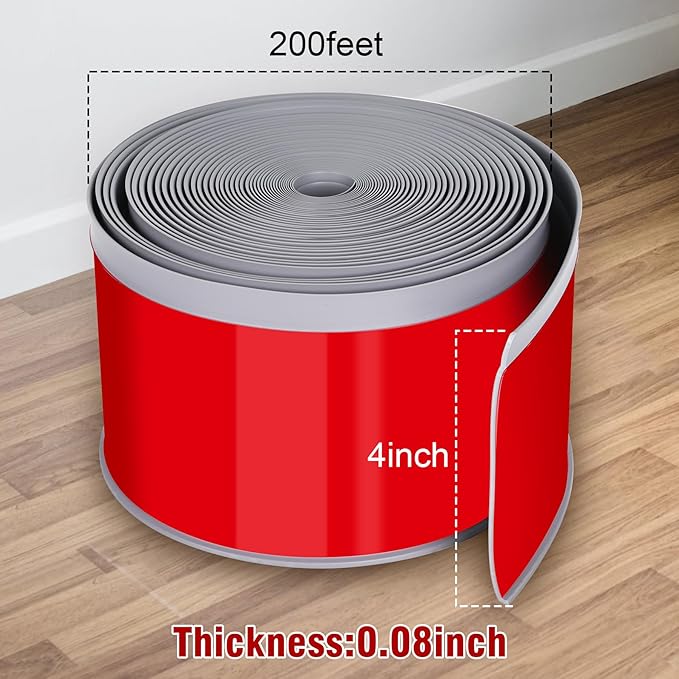 Vinyl Baseboard Molding Trim 4 Inch x 200 Feet Peel and Stick Baseboard Trim Flexible PVC Cove Base Moulding Self-Adhesive Trim for Garage Bathroom Cabinet Floor Walls, Gray