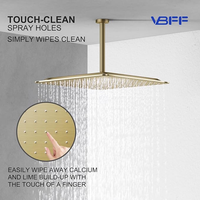 VBFF-Shower Head,rain shower head, 16 inch- Square Shower Head, 1.8 GPM Flow Rate, rainfall showerhead,VBFF10 (Brushed Gold)