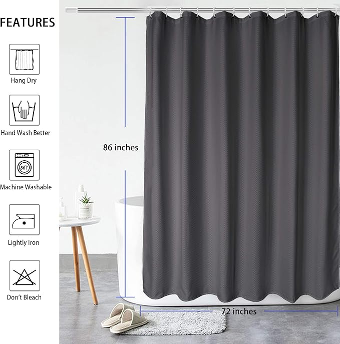 AooHome Extra Long 72x86 Inch Shower Curtain, Polyester Waffle Weave Design Bath Curtain with Hooks, Weighted Hem, Heavy Weight, Water Repellent, Charcoal