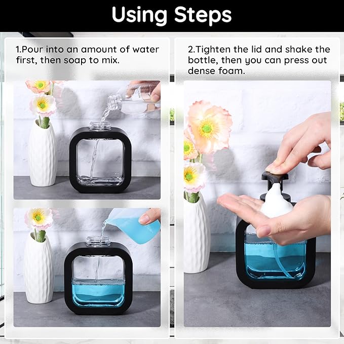 Segbeauty 10.1oz Black Foaming Soap Dispenser, 300ml Square Foam Bottle Dispenser for Bathroom, Plastic Refillable Dish Soap Dispenser for Kitchen, Shower Shampoo Hand Wash Foamer Bottle with Labels