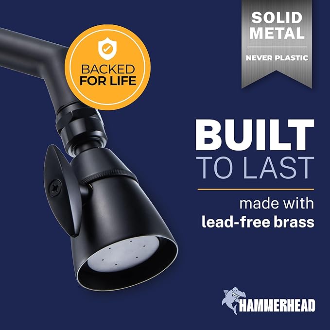 HammerHead Showers® Solid Metal 2 Inch High Pressure Shower Heads - MATTE BLACK – California Compliant 1.75 GPM Low Flow Rate - High Flow Shower Head with ADJUSTABLE SPRAY PATTERN - Fixed Shower Head