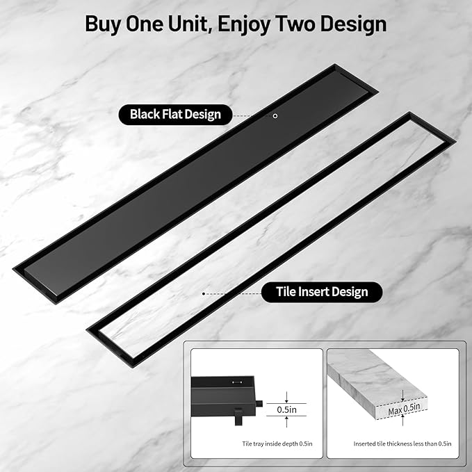 Linear Shower Drain, 304 Stainless Steel with Adjustable Leveling Feet, Hair Strainer,Reversely Install Place to Create an Invisible Floor Drain- Black -12-Inch