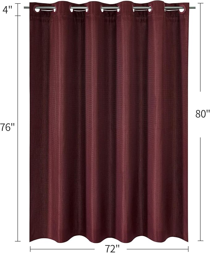 MitoVilla Burgundy Long Shower Curtain Liner Set 72 x 80, No Hooks Needed 80 inch Long Heavyweight Waffle Fabric Shower Curtain Set with Snap-in Liner for Hotel Grade Spa-Like Bathroom Decor, Burgundy
