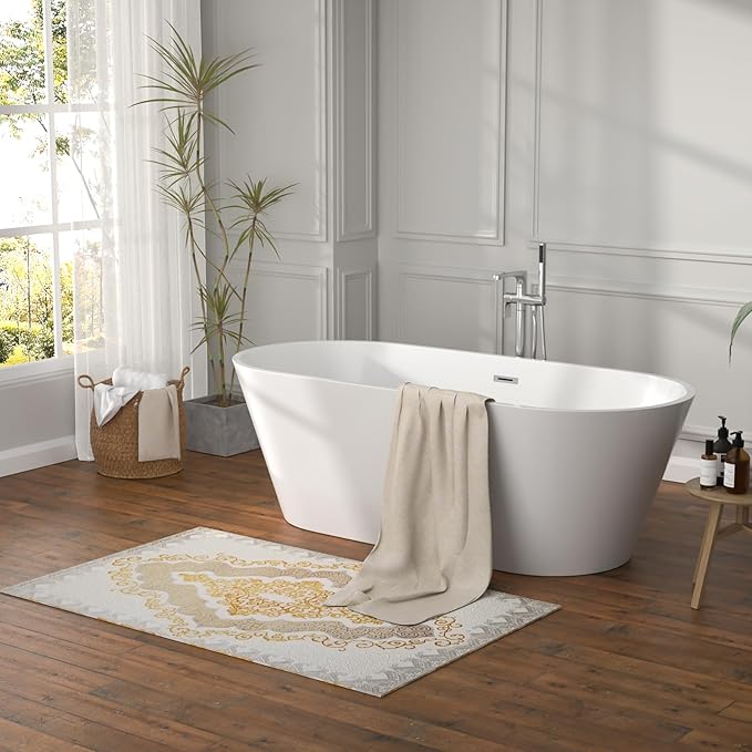 67 Inch Freestanding Acrylic Soaking Tub White Roll Top Deep Bathtub with Black Drain Relaxing Home Spa, YSB9222