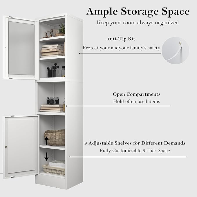 COFaR 67" Tall Metal Bathroom Storage Cabinet,6-Tier Narrow Cabinet with Glass Doors and Adjustable Shelves,Linen Cabinet for Small Spaces,Tall Cabinet for Bathroom,Living Room,White