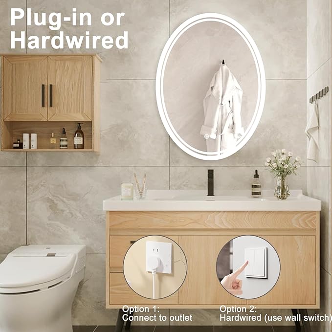 28 x 20 inch Oval LED Bathroom Mirror Anti-Fog 3 Colors Light Dimmable Wall Mounted Lighted Bathroom Vanity Mirror Memory Makeup Mirror Touch Switch