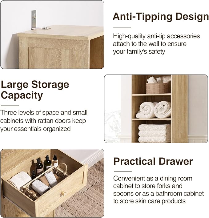67" H Natural Bathroom Storage Cabinet with Rattan Doors and Slide Storage, Tall Narrow Freestanding Tower Cabinets with Adjustable Shelves for Kitchen, Living Room, Dining Room