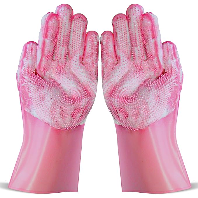 Dog Shampoo Brush, Dog Bath Brush, and Dog Washing Gloves | Essential Dog Bath Supplies and Pet Grooming Gloves for Dogs and Cats (1 Pair, Pink)