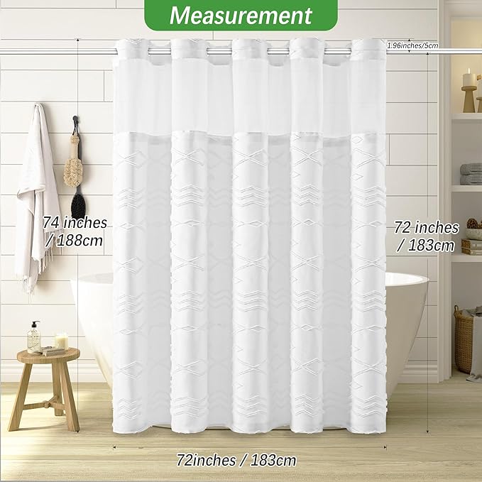 No Hooks Shower Curtain with Snap-in Liner, White Boho Fabric Tufted Chevron Striped Textured Shower Curtains for Bathroom, Water Repellent Hotel Quality Luxury Shower Curtain, 72Wx74H